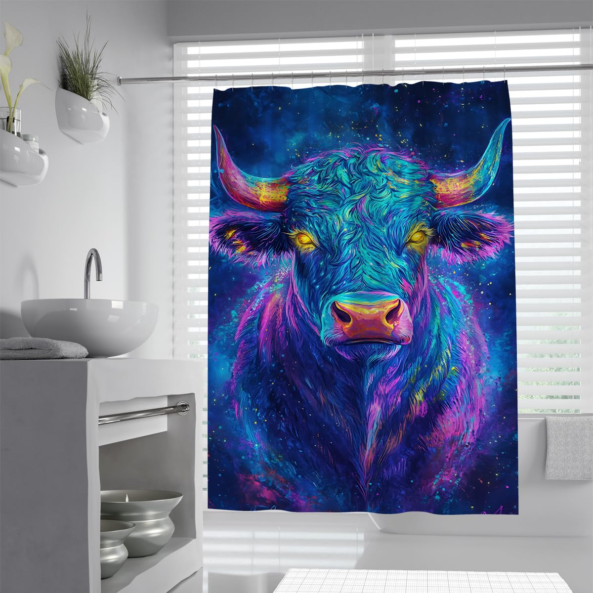 UIRINGART Vibrant Galaxy Cow Bath Curtain W200xL200cm Neon Style Wildlife Art Print Polyester Waterproof Quick Drying Easy To Clean Wet Room Shower Curtain with Hooks