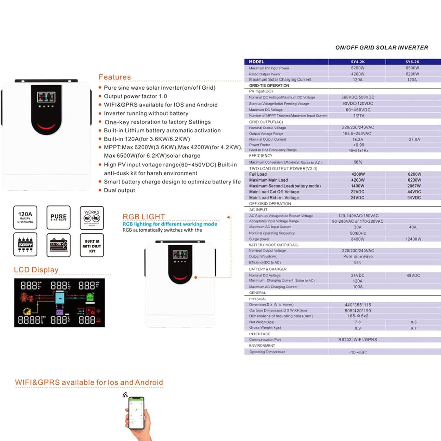 Inversor híbrido Solar de 4200 W y 6200 W, inversor de Onda sinusoidal Pura para el hogar, convertidor de energía Solar híbrido, Cargador inversor híbrido Fuera de la Red,6200W-48V