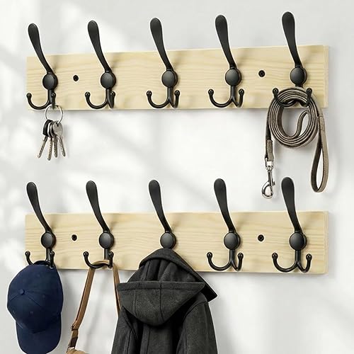 Perchero de madera resistente para pared, paquete de 2 perchas de pared con 5 ganchos triples para ropa, chaqueta, sombrero, llaves, organizador de