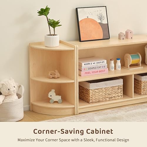 Miniatura 5 de OOOK Armario esquinero de madera, organizadores y almacenamiento de juguetes de 2 niveles, estante Montessori para habitación de niños, sala de