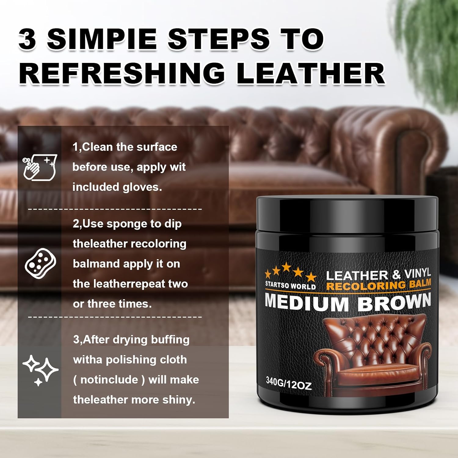 STARTSO WORLD Leather Recoloring Balm 12OZ- Gray Leather Repair Kit for Restore Furniture, Couches, Car Seats, Clothing, Restore The Color to Scratched and Faded - Image 5