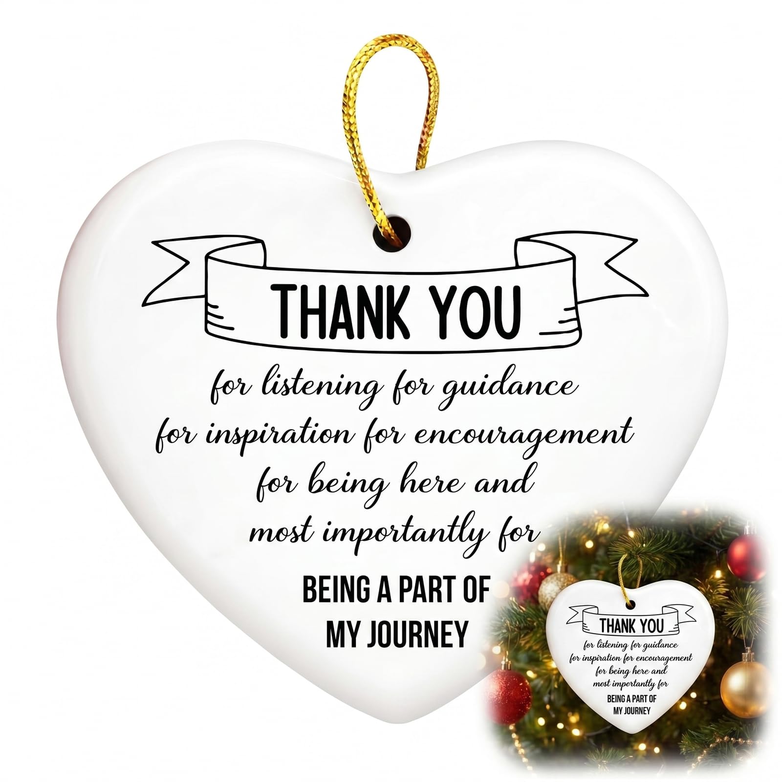Double-Sided Printed Ceramic Heart Hanging Ornament with Gold String - Thank You Gift for Teachers, Friends, Colleagues, Mentors, Ideal for Home, Office, Wall, Shelf or Tree Display