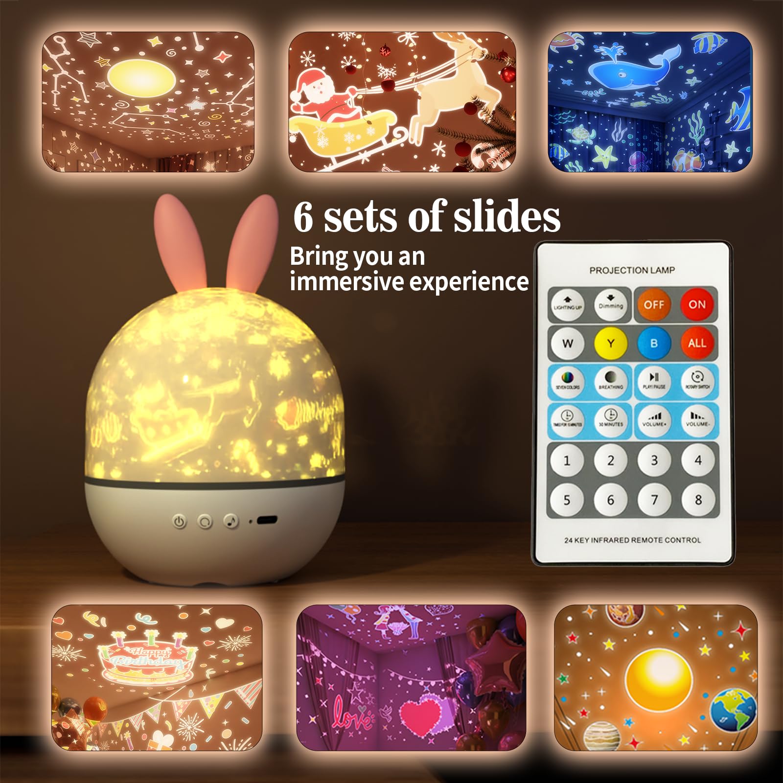 Colorful Life Proyector de estrellas de conejo, luz nocturna para habitación de niños con control remoto, 8 música y 6 películas, lámpara LED giratoria (blanco, cálido, azul hielo, modelo de ocho