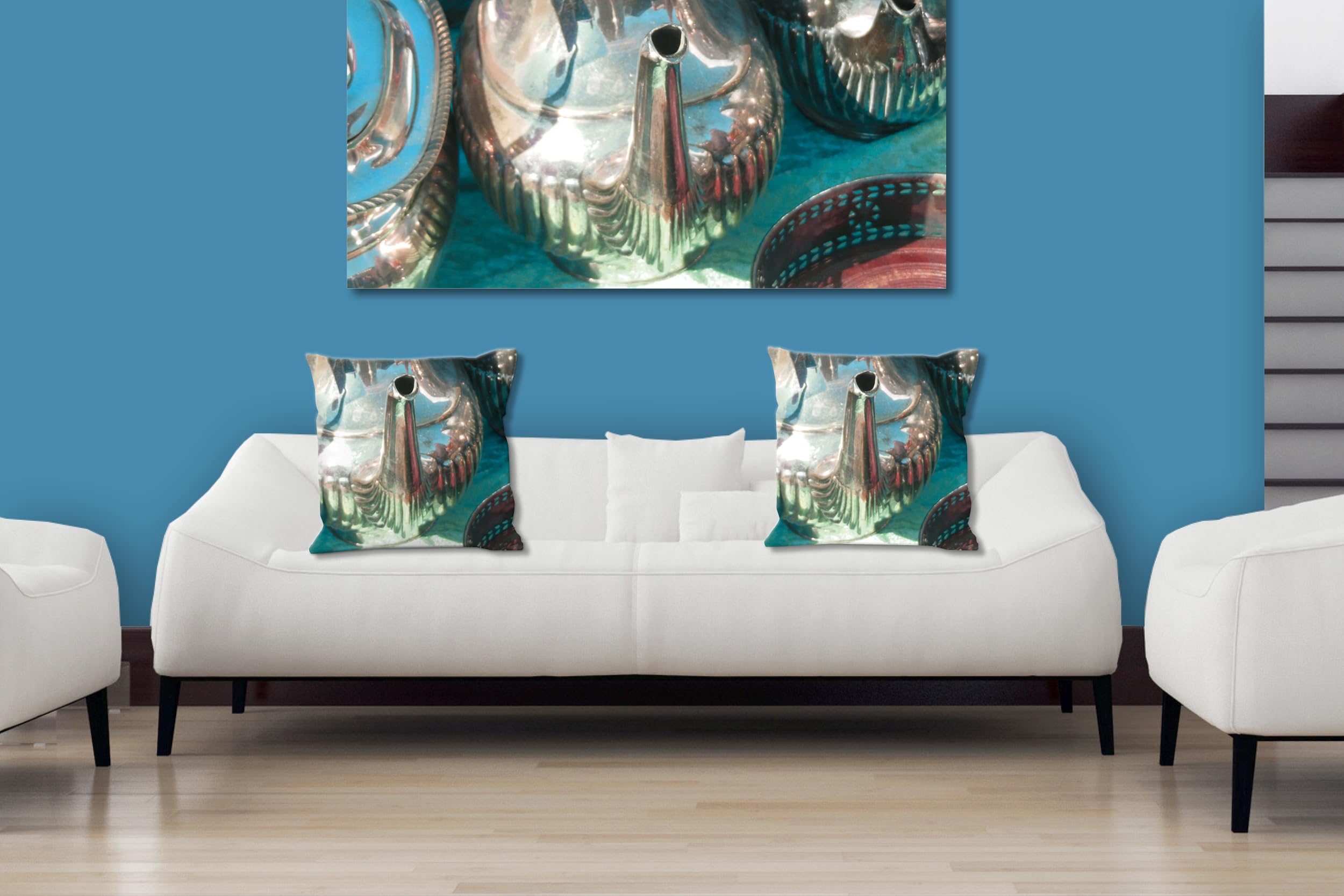 Fein & edel 1 - Foto-Kissen-Hülle Set (2 STK.) 40 x 40 cm | Kissen-Bezüge - passend zu Wandbild - Deko-Kissen - Kanne Silber Geschirr Nostalgie Antiquität