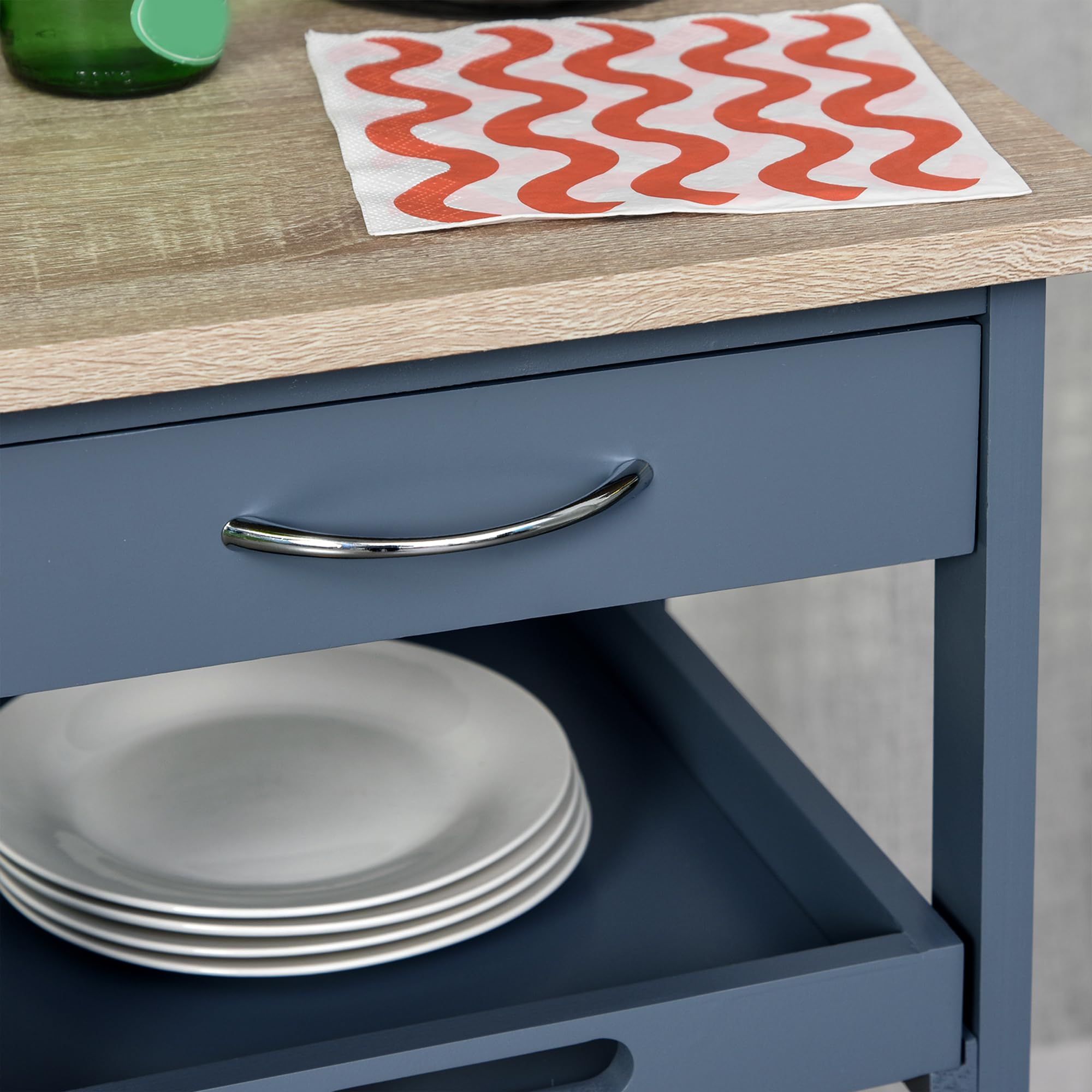 HOMCOM Carrello da Cucina con Cassetto, 2 Vassoi Estraibili e Ripiano Fisso, Carrello Portaoggetti in Legno di Pino e MDF, 37x37x76 cm, Grigio e Rovere
