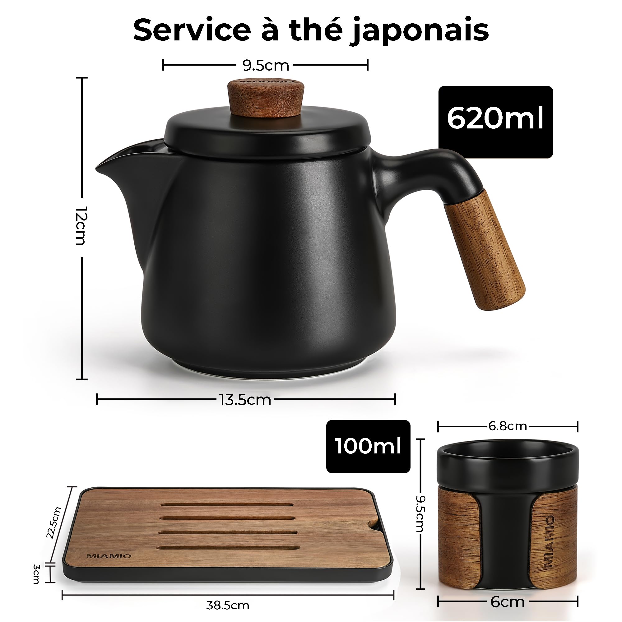 MIAMIO - Ensemble 6 x 100 ml de thé japonais/chinois/Théière asiatique 620 ml avec infuseur de thé, ensemble de tasses à thé japonaises traditionnelles pour les amateurs de thé/hommes/femmes
