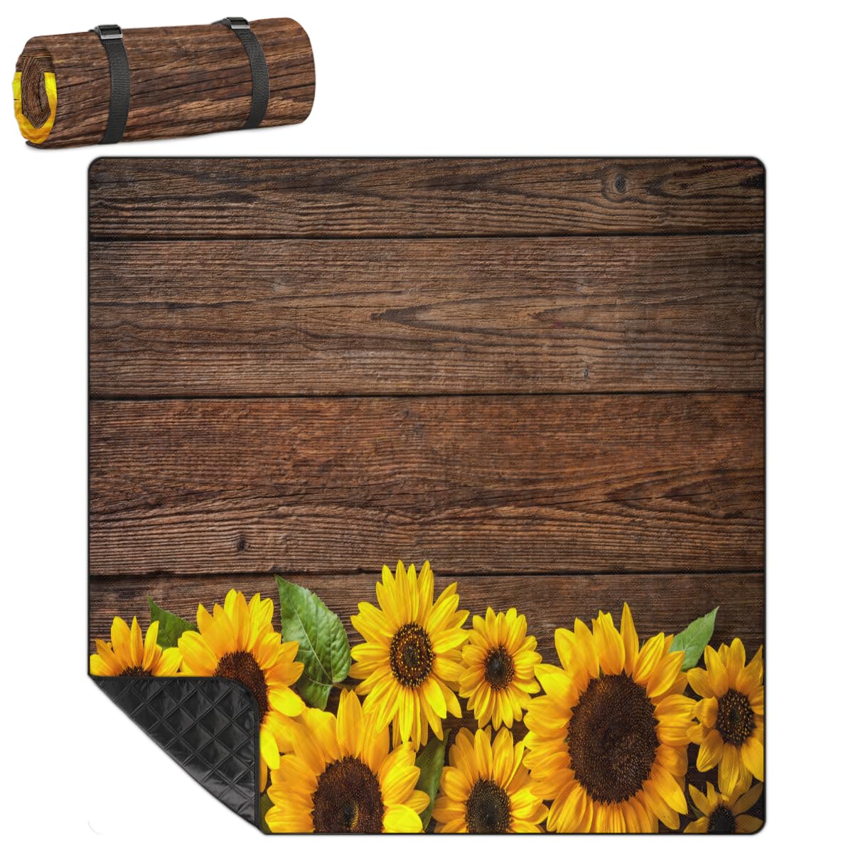 Extra Large Picnic Blankets 79”x 79”, Wooden Face Sunflower Waterproof Foldable Picnic Mat with Straps Portable Beach Blanket for Camping Park Grass Beach Indoor