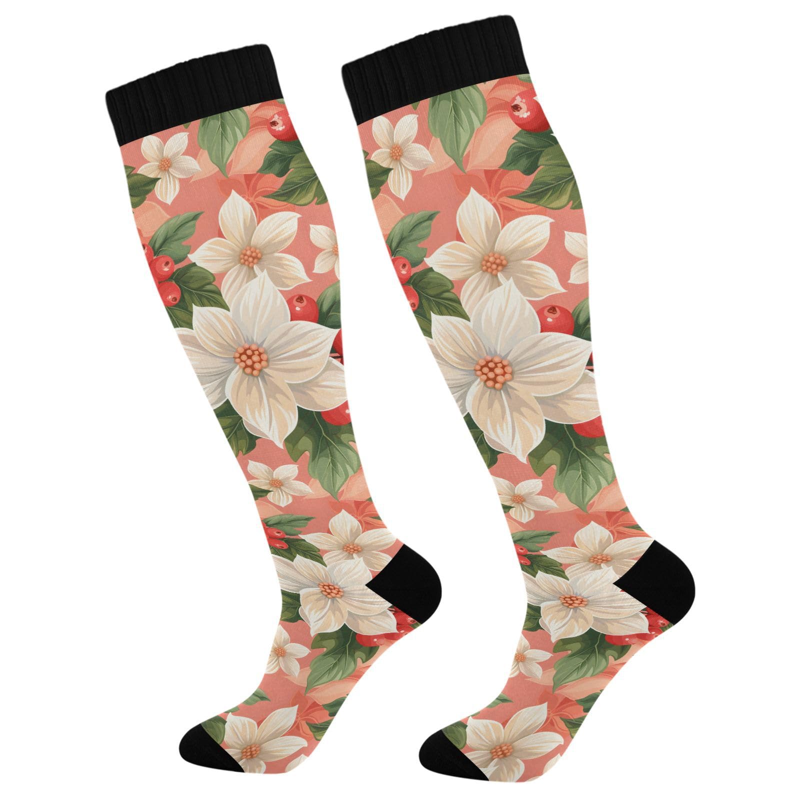 MFTJYO White Flower Green Leaves Pink Women's Compression Socks for Women Men Knee High Socks Long Circulation for Athletic Running
