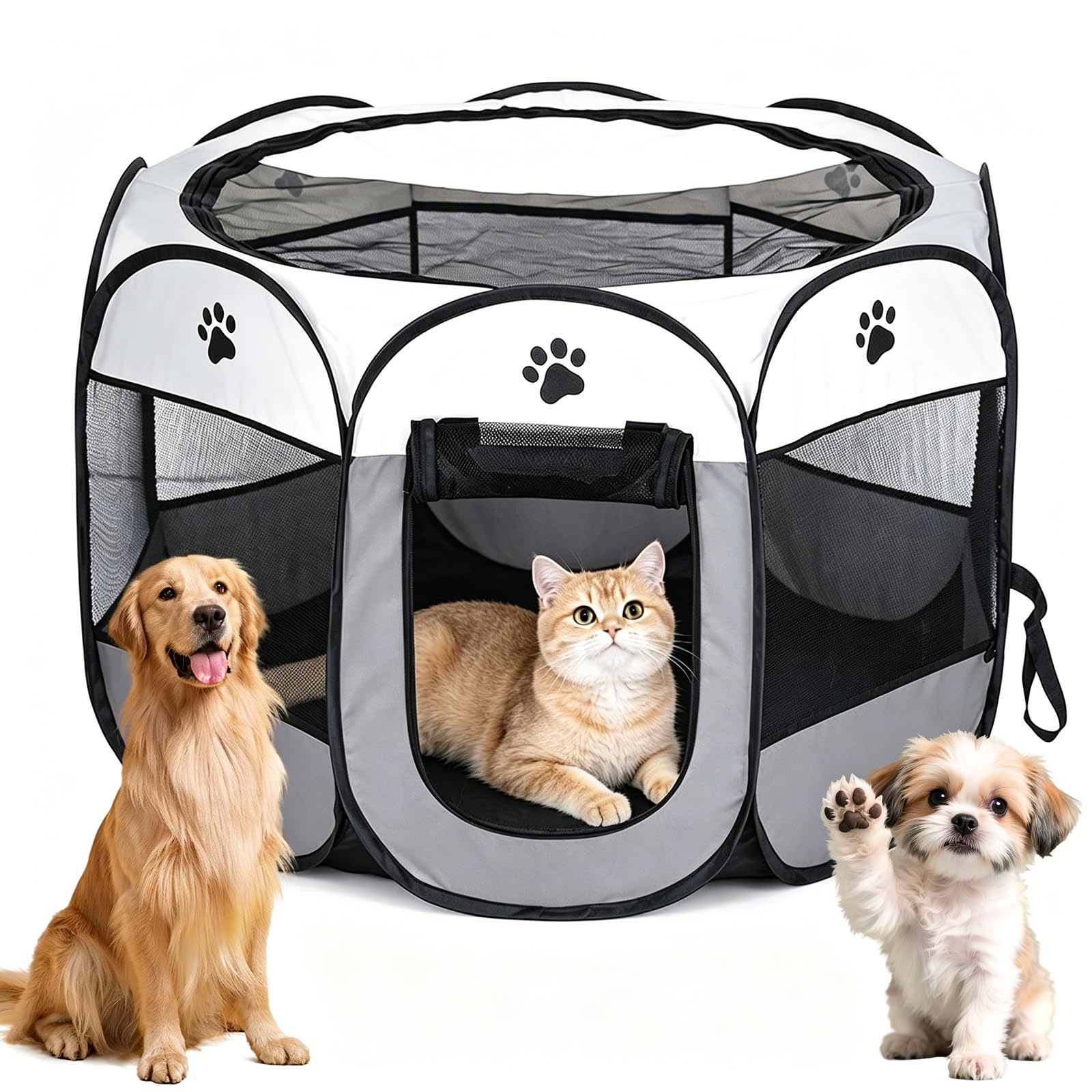 Welpenauslauf Hundebox Faltbar für Zuhause Welpenlaufstall, Katzengehege für Drinnen Outdoor Hundekäfig Hundezelt Freilaufgehege Kaninchen Laufstall Katze Hund Katzen Zelt Kleintiergehege (Grau)