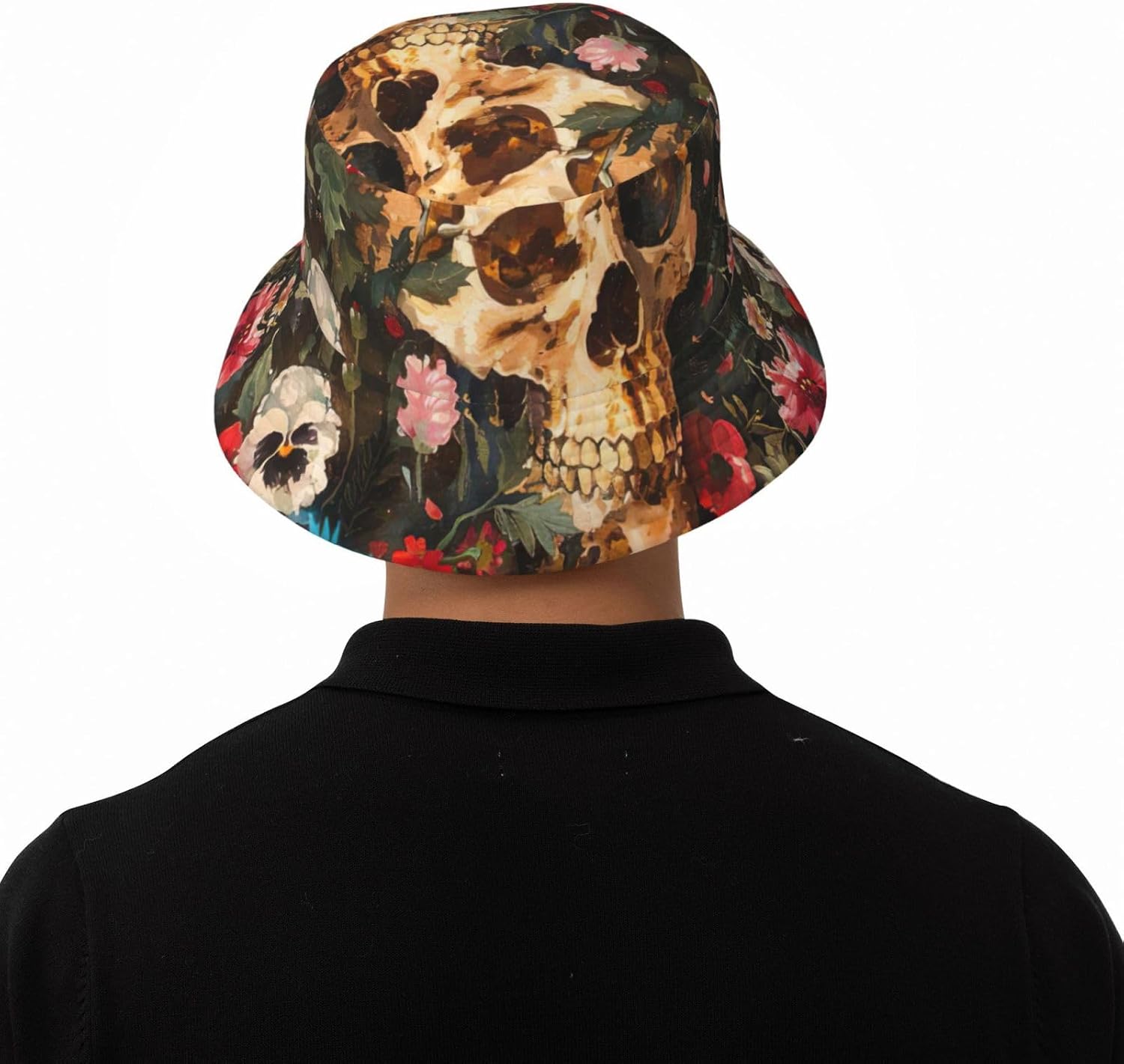 Floral Skull Print Sun Hat Outdoor Fisherman Cap Summer Bucket Hat Beach for Men Women Black