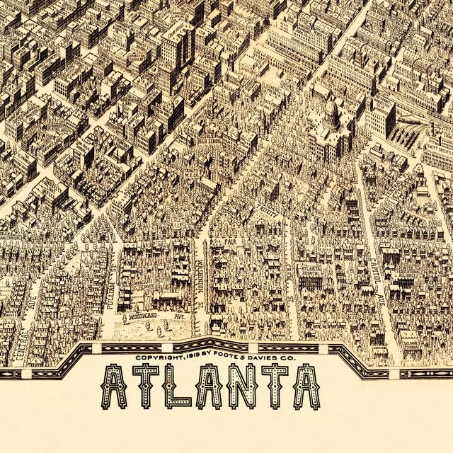 Map Of Atlanta, Georgia By Foote And Davies; 1919; Antique Birdseye Map - Teak Wood Magnetic Hanger Frame Optional