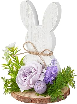 Easter Decorative Signs Indoor Farmhouse Wooden Rabbit with Flowers for Easter and Spring Home Decor, Happy Easter Table Centerpiece Signs Tiered Tray Decoration 02