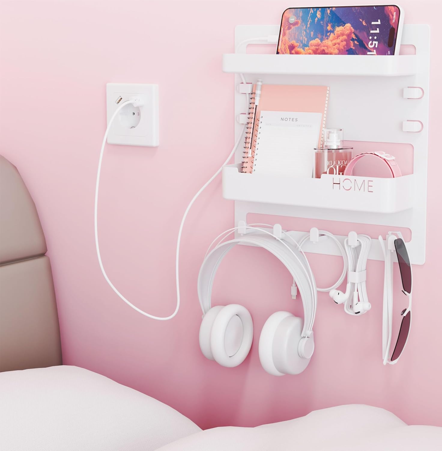 Yieach Bedside Wall Organizer for Dorm Bed,Rv,Small Room and Nightstand,Wall Mounted Floating Shelves and Bedside Shelf for Remote,Phone Holder,Charging Shelf,Cute Bedroom Decor for College Girl,White