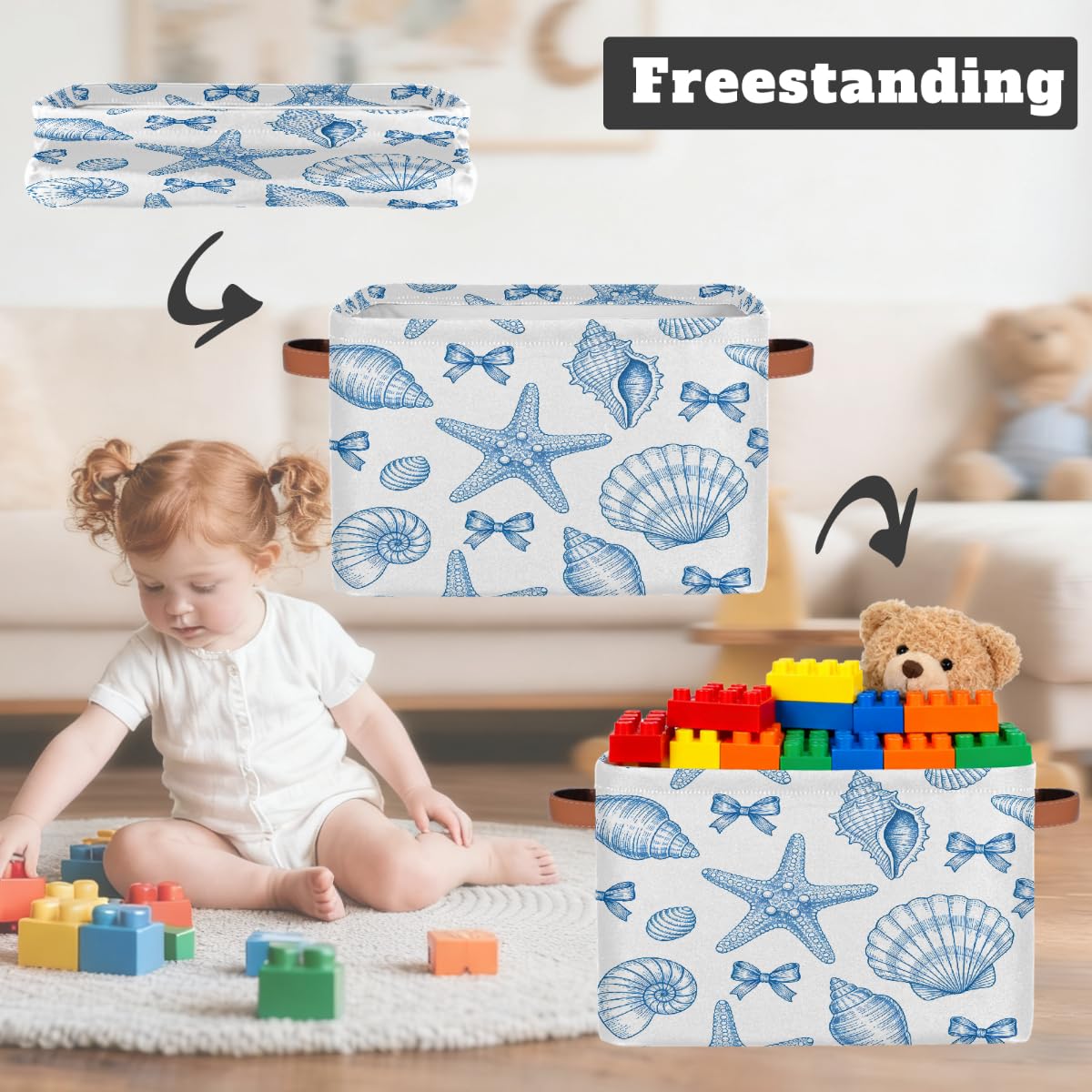 Line Art Rechteckiger Aufbewahrungskorb mit Muscheln und Seesternschleifen, 2 Stück, faltbarer Stoff-Aufbewahrungskorb für Schrank, Badezimmer, Wohnzimmer, Büro, Spielzeug, Organizer