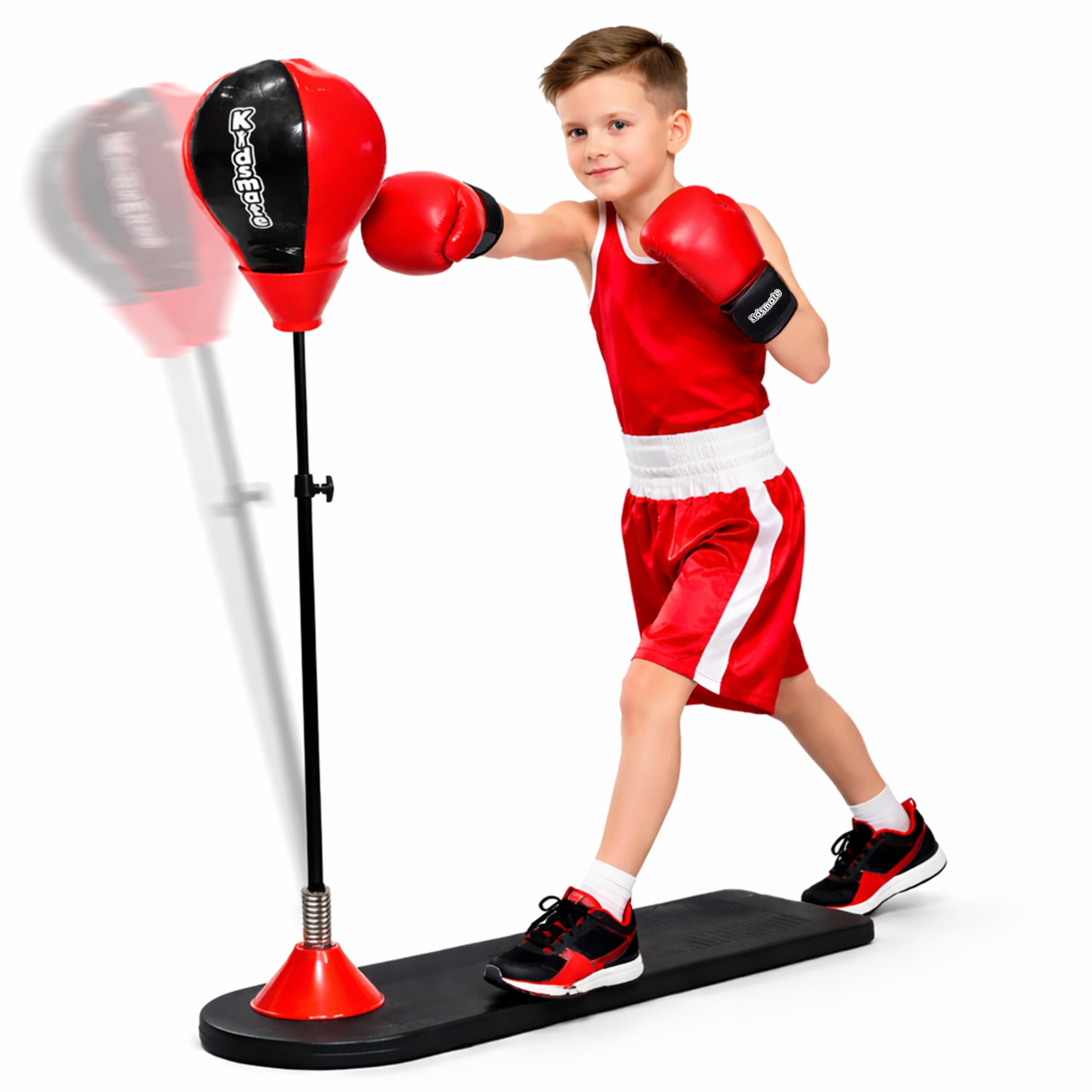 Kidsmate Power Punch Boxing Punching Stand for Kids with Gloves & Pump | Adjustable Height Freestanding Punch Ball, Fitness Training Indoor Exercise Toy for Boys & Girls of Ages 3-15 yrs - Red/Black