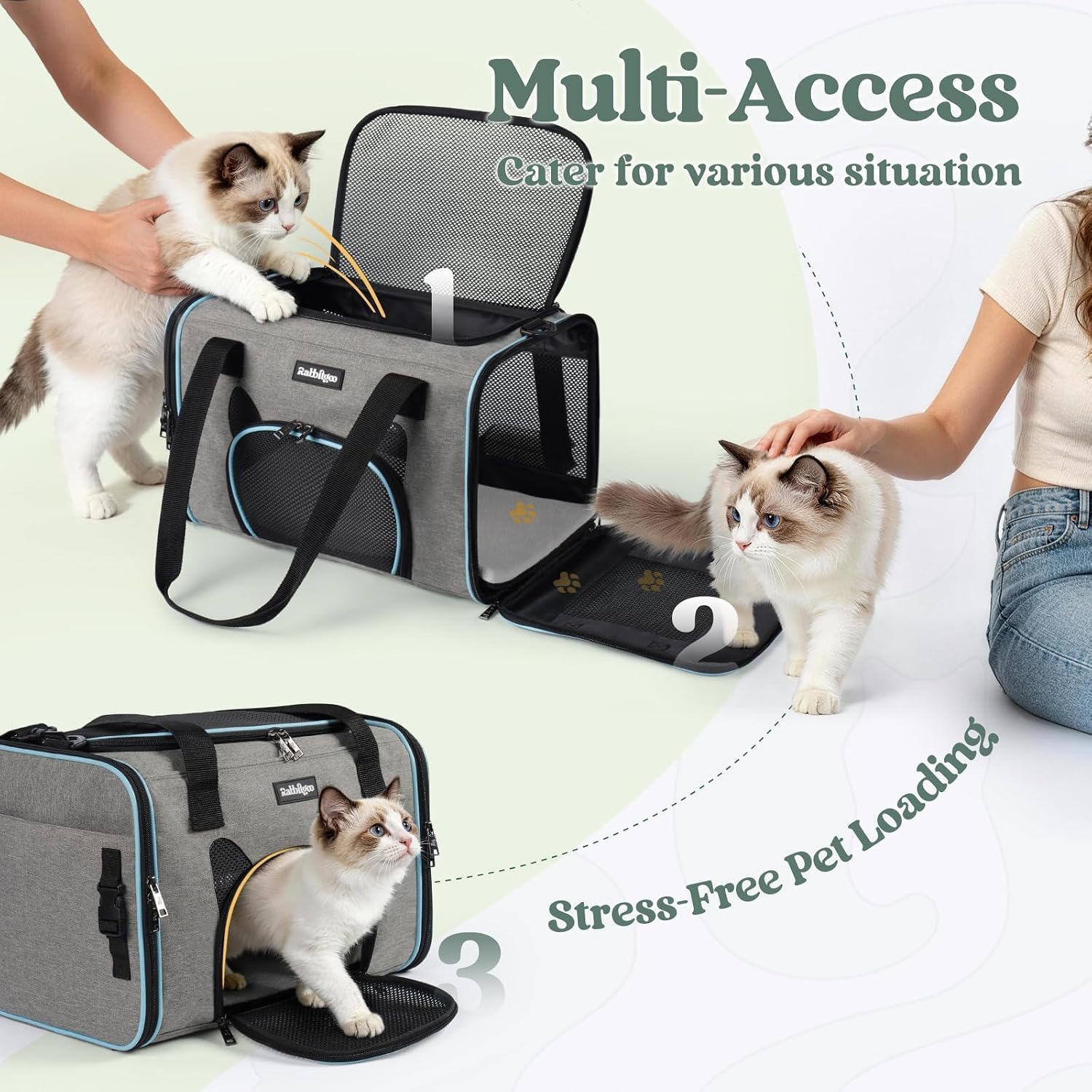 rabbitgoo Cat Carrier Soft Sided, Stable Portable Pet Carrier with Safety Buckles for Car Travel Vet Visit Airline, Comfortable Breathable Kitten Bag for Small Medium Cat, Grey, 17x11x11 inch