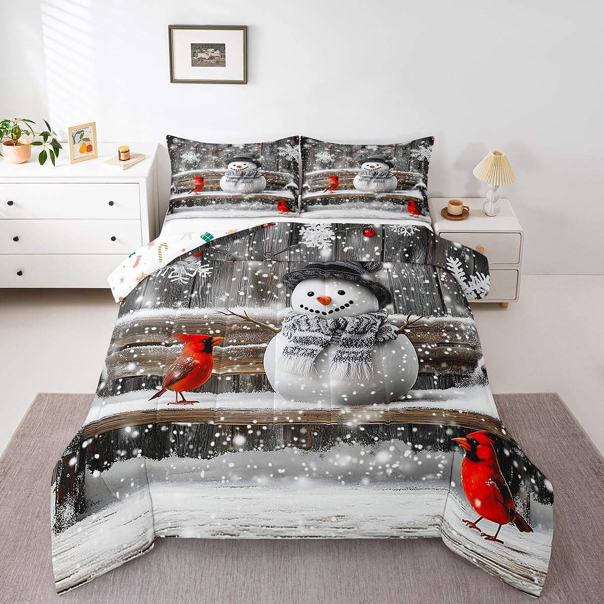 Feelyou Snowman Comforter Set Toddler Size Cartoon Snowman Bedding Set for Boys Girls Teens Bedroom Decor Merry Christmas Snowman Comforter Women Men Bird Wooden Duvet Set with 1 Pillow Case