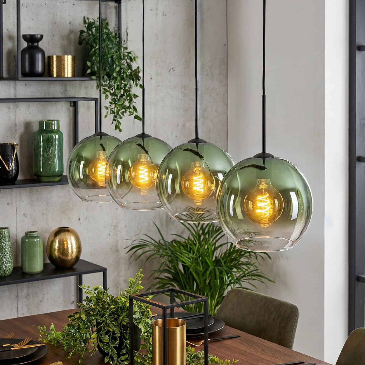 HOFSTEIN Hängeleuchte Koyoto, 4-flammige Hängelampe aus Metall/Glas in Schwarz/Grün/Klar, moderne Pendelleuchte im Retro/Vintage-Design (Schirme Ø 25 cm), E27, Esszimmer, Küche, Wohnzimmer
