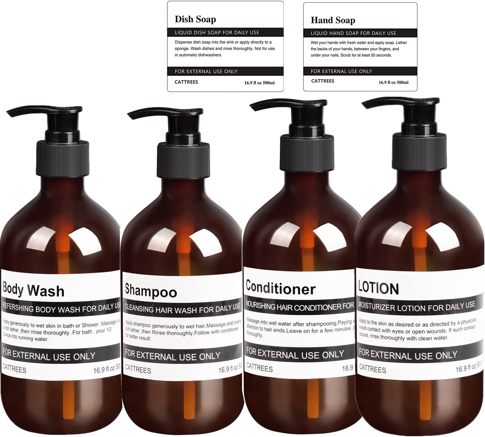 4 Pack Amber Soap Dispenser Bottle For Bathroom,16oz Empty Plastic Soap Dispenser Bottle with Pump& 6 Waterproof Labels For Shampoo Conditioner and Shower Gel Dispenser,Hand Dish Soap,Lotion.