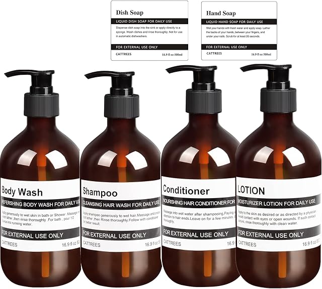 CATTREES 4 Pack Amber Soap Dispenser Bottle For Bathroom,16oz Empty Plastic Soap Dispenser Bottle with Pump& 6 Waterproof Labels For Shampoo Conditioner and Shower Gel Dispenser,Hand Dish Soap,Lotion.