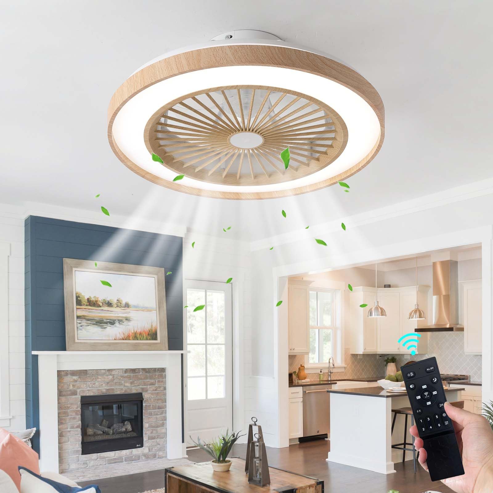 50CM Moderne Bois Plafonnier Ventilateur Avec Telecommande/APP LED Dimmable, Moteur DC Réversible 6 Vitesses Lampe Ventilateur Plafond Pour Chambre/Salon Réversible Eté Hiver