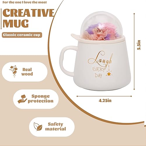 Miniatura 5 de ANLUNOB Regalos para el día de la madre, taza de café de cerámica con tapa redonda con flores preservadas, regalos de cumpleaños para mamá, regalos