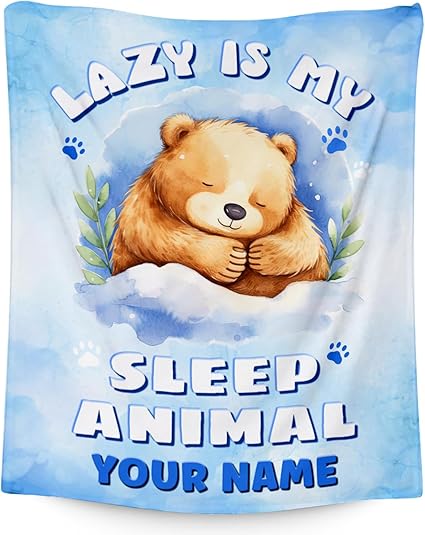 Custom Bear Blanket, Cute Soft Throw Gifts for Girls, Cozy Flannel Throw Blankets for Couch Office, Blue 40"x50"