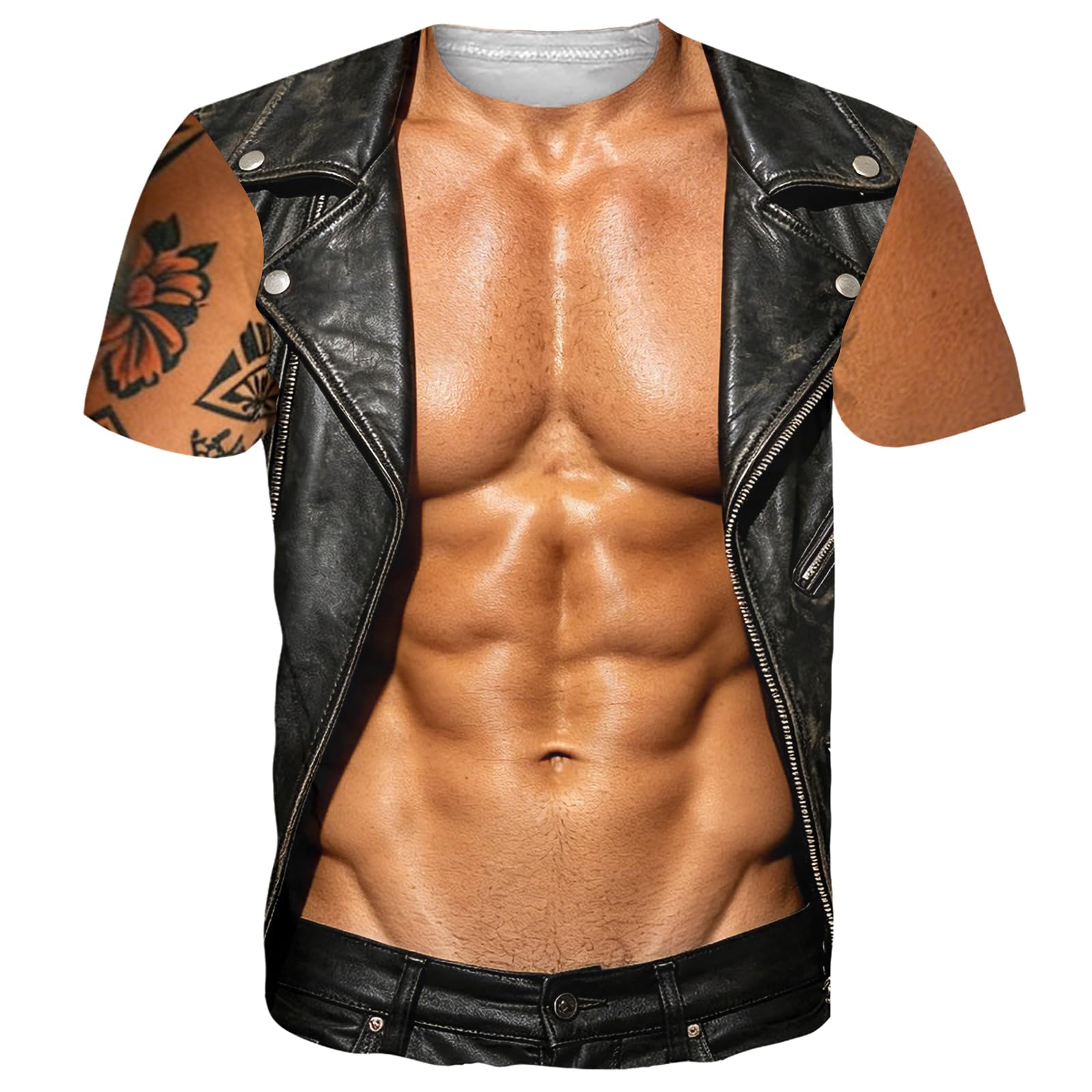 Goodstoworld Unisex 3D Fake Abs T Shirts Shredded Chest Printed Short Sleeve Costume Novelty Tees Shirt