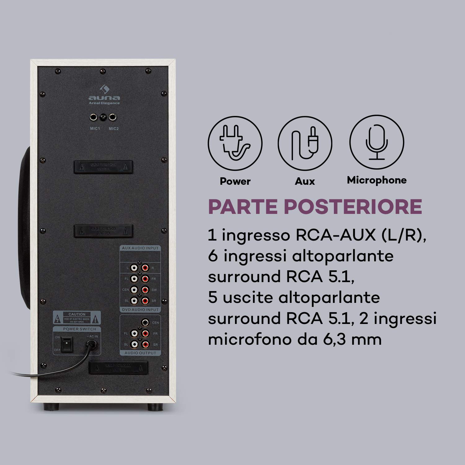 AUNA Areal Elegance - Home Theater 5.1, Impianto Surround a 5.1 Canali, Home Cinema, Potenza: 190 Watt RMS, Subwoofer: 5", 5 Altoparlanti Satellite (3"+5"), Bluetooth, USB/SD, Effetto Legno Chiaro