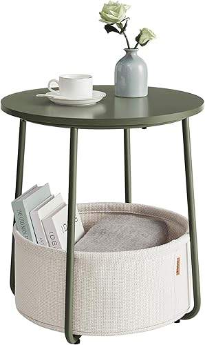 Miniatura 12 de VASAGLE Colección LILEA - Mesa auxiliar pequeña redonda, moderna mesita de noche con cesta de tela, blanco mate y marrón camello ULET223W10 Blanco
