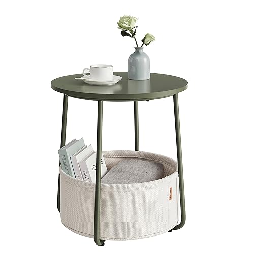VASAGLE Small Round Side End Table, Modern Nightstand with Fabric Basket, Forest Green and Cream White ULET223C80 - Round - Forest Green + Cream White
