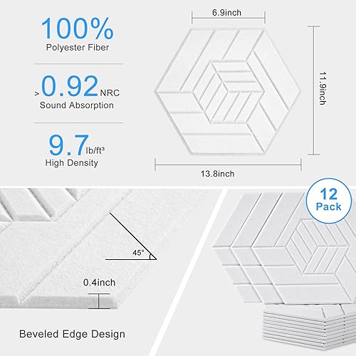 Miniatura 7 de Tutmyrea Paquete de 12 paneles acústicos autoadhesivos, 14 x 12 x 0.4 pulgadas, paneles de pared decorativos hexagonales de ranura tridimensional,