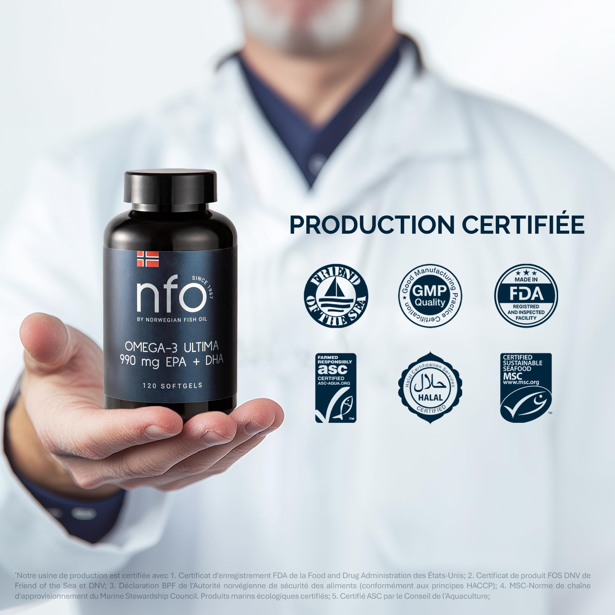 NFO OMEGA 3 ULTIMA [120 Gélules] Huile de poisson Omega 3 norvégienne à concentration maximale en Omega 3 DHA EPA en triglycérides, Avec vitamine E, Oméga 3 hautement dosés, Complexe d’acides aminés