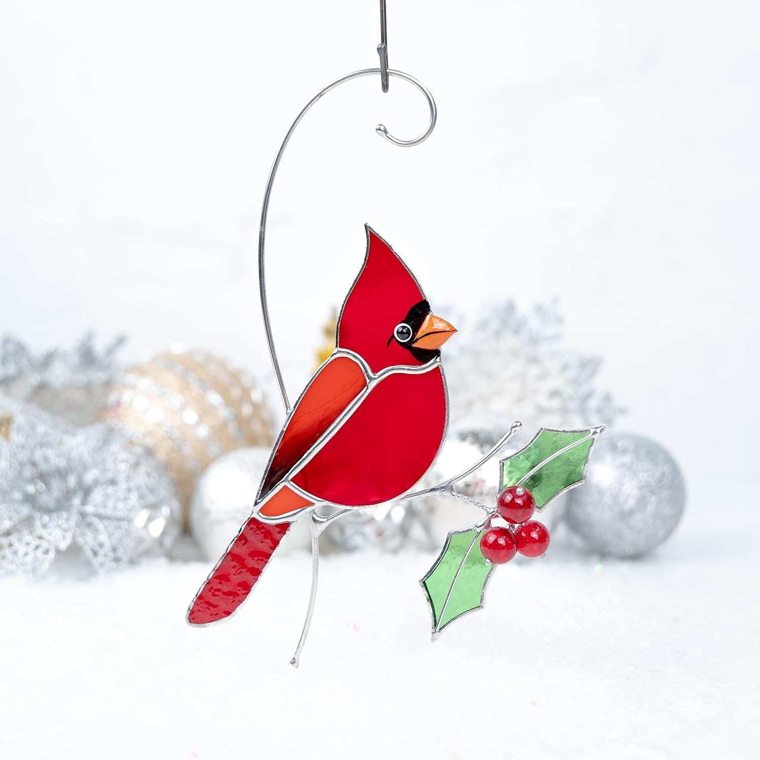 Gift Birds Handmade Stained Glass Suncatcher Genuine Stained Glass Window Hangings Unique Indoor Ornament & Outdoor Decor (WINTER BIRD)