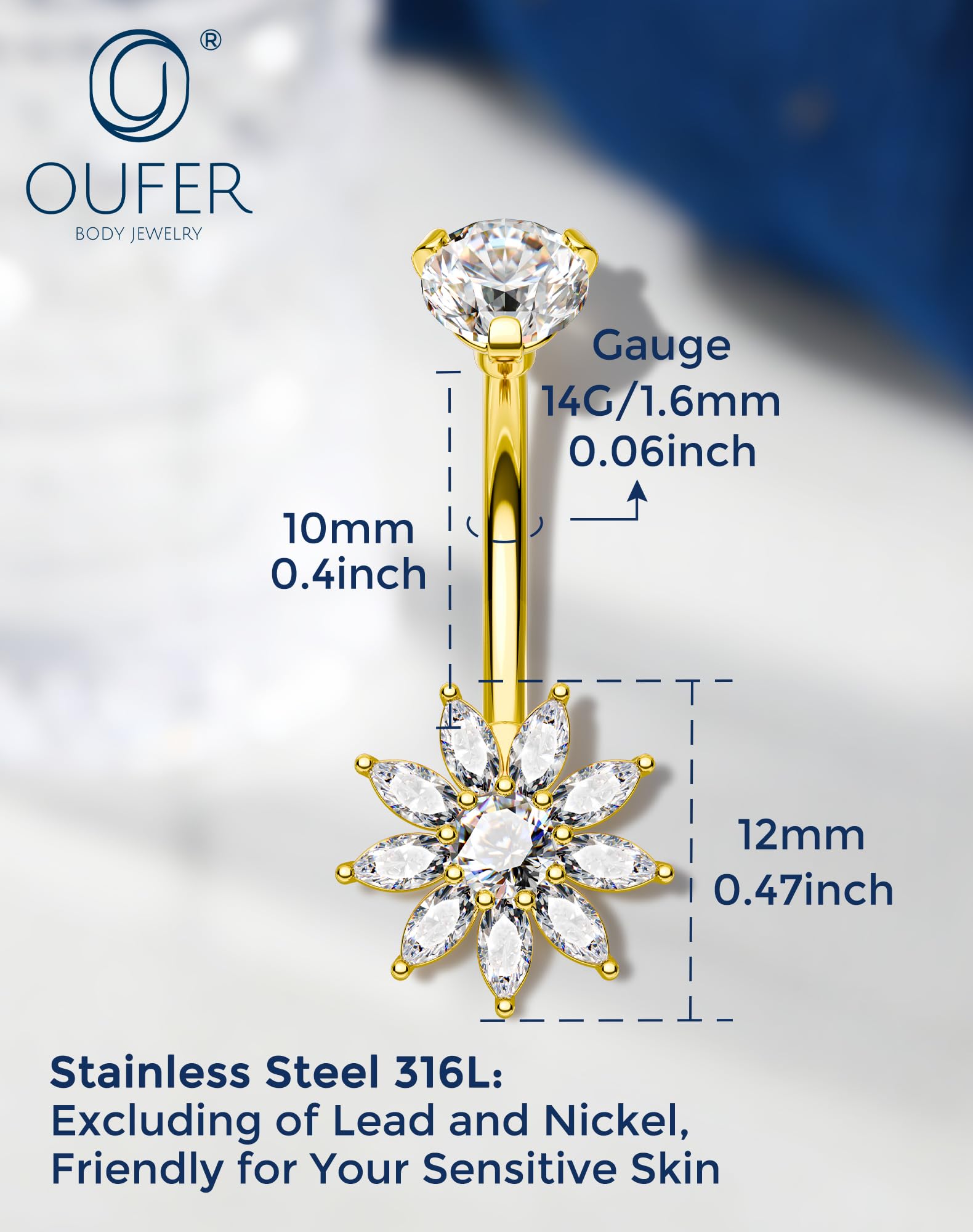 OUFER Fleur Piercing Nombril 14G Or Percing au Nombril 316L Acier Chirurgical Belly Bar 10mm Pendant Piercing de Ventre Bijou de Corporel pour Femmes - 3