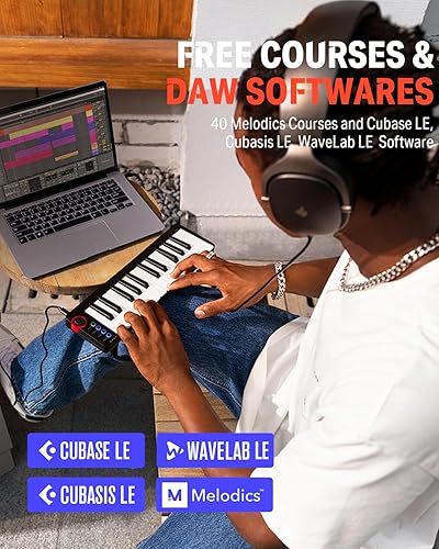 Miniatura 8 de Donner Mini Teclado MIDI, N-25 Controlador MIDI de 25 Teclas para Principiantes con Mini Teclas Sensibles a la Velocidad, Interruptor de Iluminación