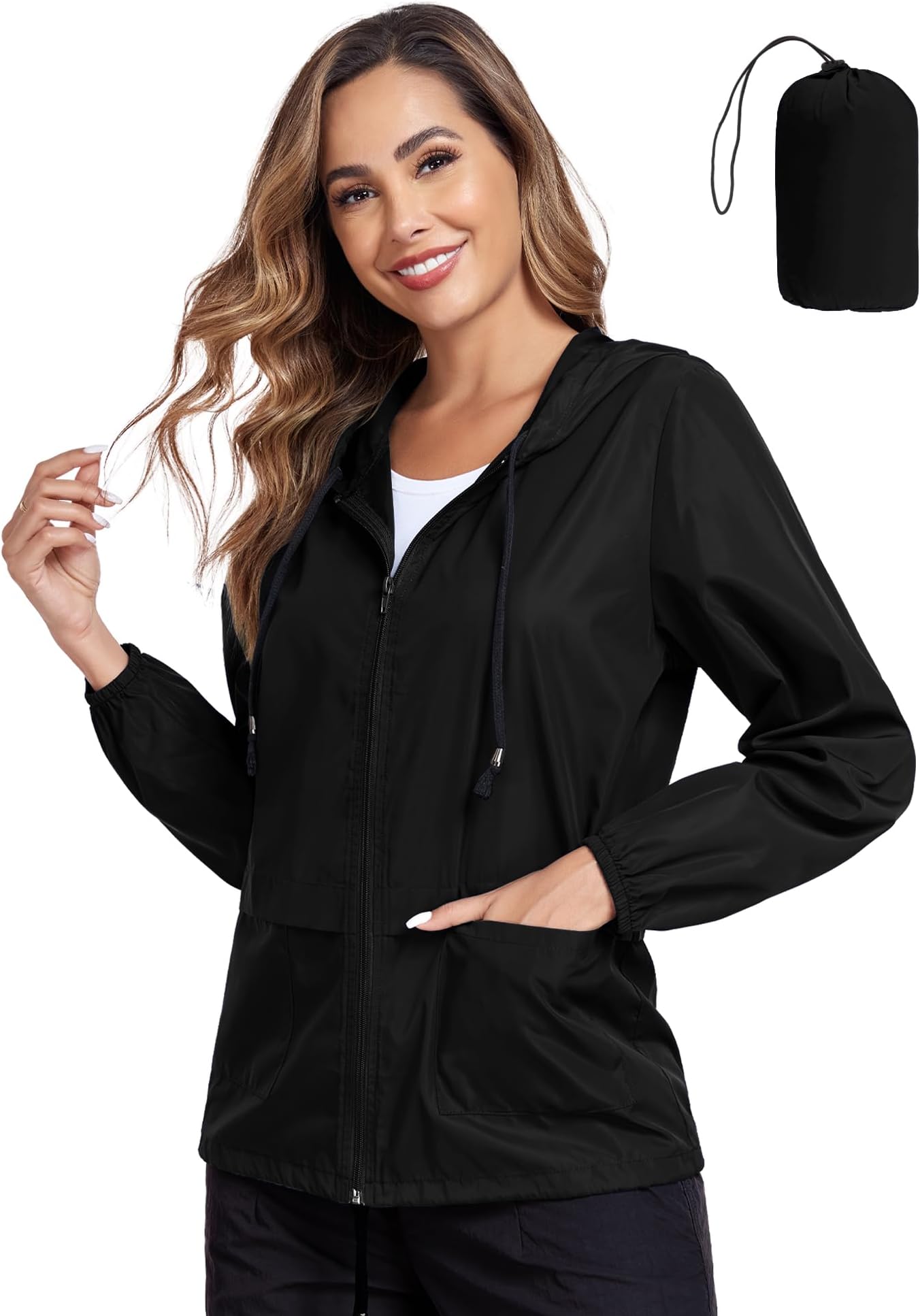 Women's Raincoat Waterproof Windbreaker Hooded Lightweight Packable Rain Jacket with Back Zipper Coats S-XXL