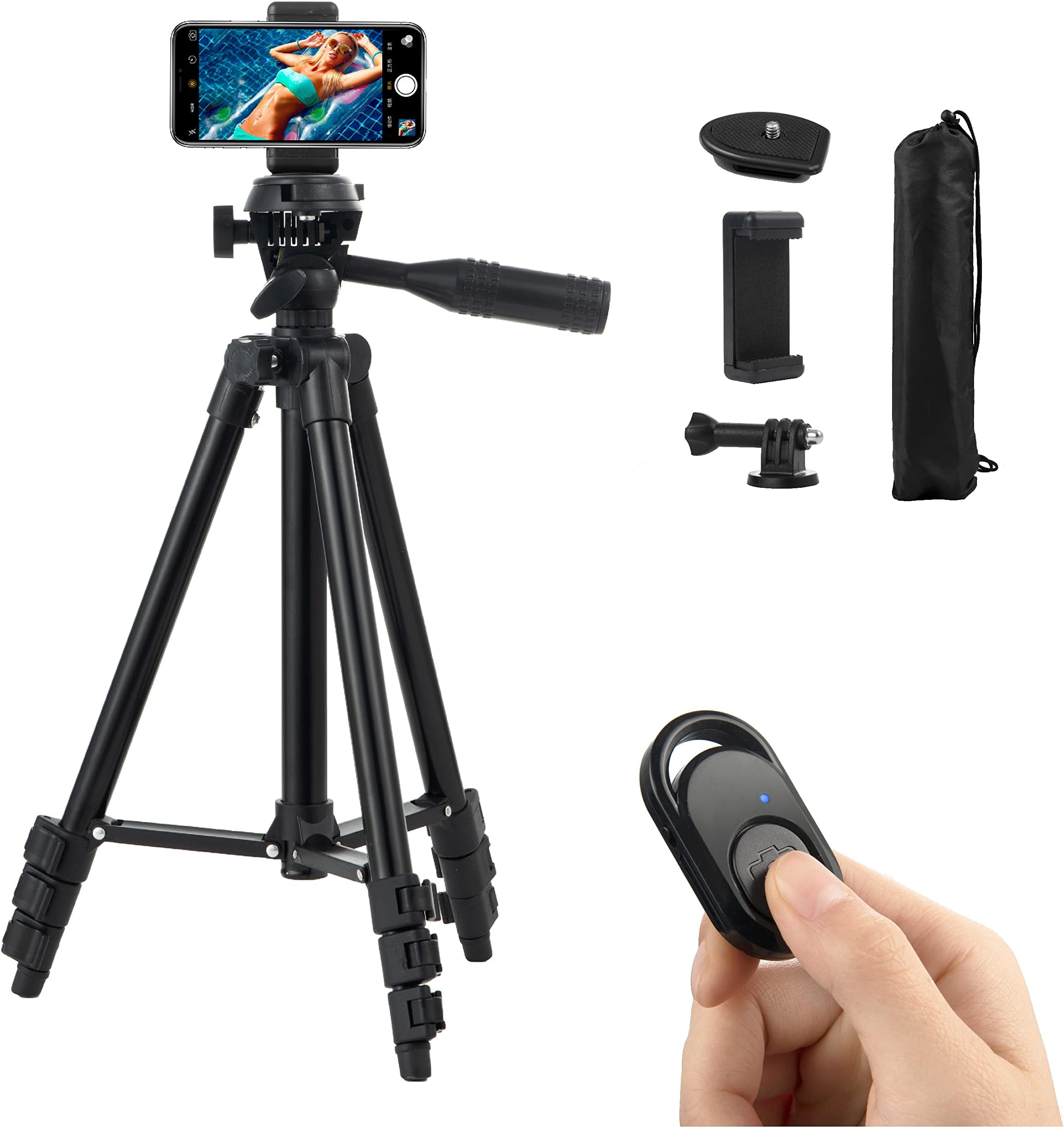 Polarduck Phone Tripod Stand Camera Mount:106cm 42 inch Lightweight Travel Tripod for Phone with Remote Compatible with iPhone & Android Phone | Black