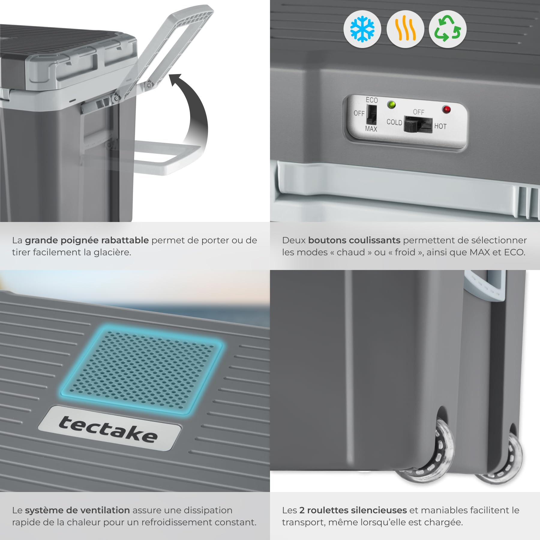 tectake® Glacière électrique 2en1 réfrigérante et chauffante 35L, Poignées et roulettes, Mode ECO, Connexion secteur 220V, Allume cigare 12V, Glaciere electrique 52,5x35x40cm Camping Pique nique Plage