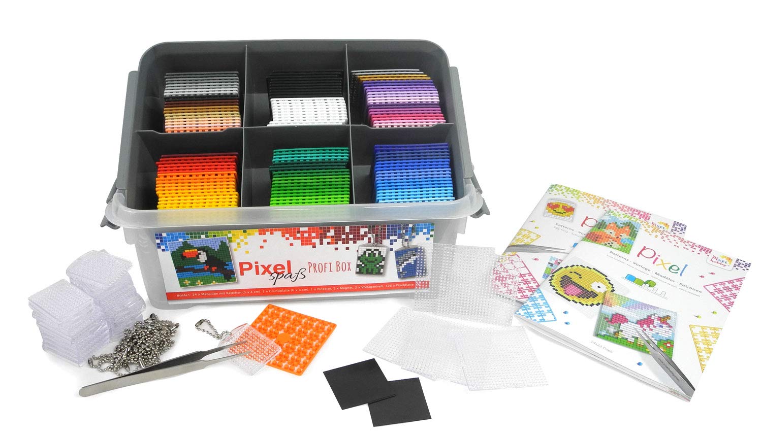 Pracht Creatives Hobby P60002-29501 Pixel Profi Box DIY Kit with 126 Pixel Plates, 24 Medallions with Chain, 5 Base Plates, 1 Tweezers and 2 Notebooks with Templates for Children