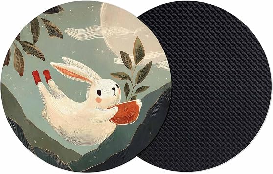 Rabbit Coasters Set of 2, Oriental Night Sky Full Moon Mountains Leaves Soft Absorbent Coasters for Drinks, Non-Slip Cup Coaster Mat with Rubber Bottom for Home Kitchen Desk Coffee Bar Table Decor 4"