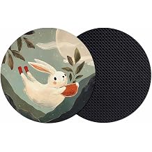 Coasters Set of 2, Rabbit Round Drink Coasters for Coffee Table Decor, Oriental Night Sky Full Moon Mountains Leaves Absorbent Cup Coaster for Housewarming Gift/Home Decor, 4 Inches