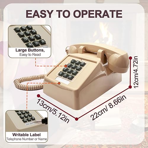 Miniatura 2 de Teléfono fijo retro vintage, teléfono antiguo con receptor de timbre mecánico, volumen ajustable, diseño clásico para el hogar, escuela (beige)