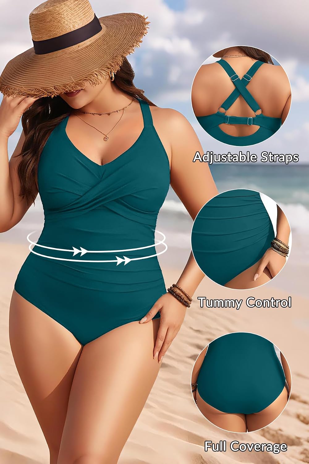 Condition photo showing As Is for plus size one piece swimsuit tummy control full coverage bathing suit | sweetheart neckline, twist front, criss cross back, wide adjustable straps, ruched stomach, removable bra 22 plus teal