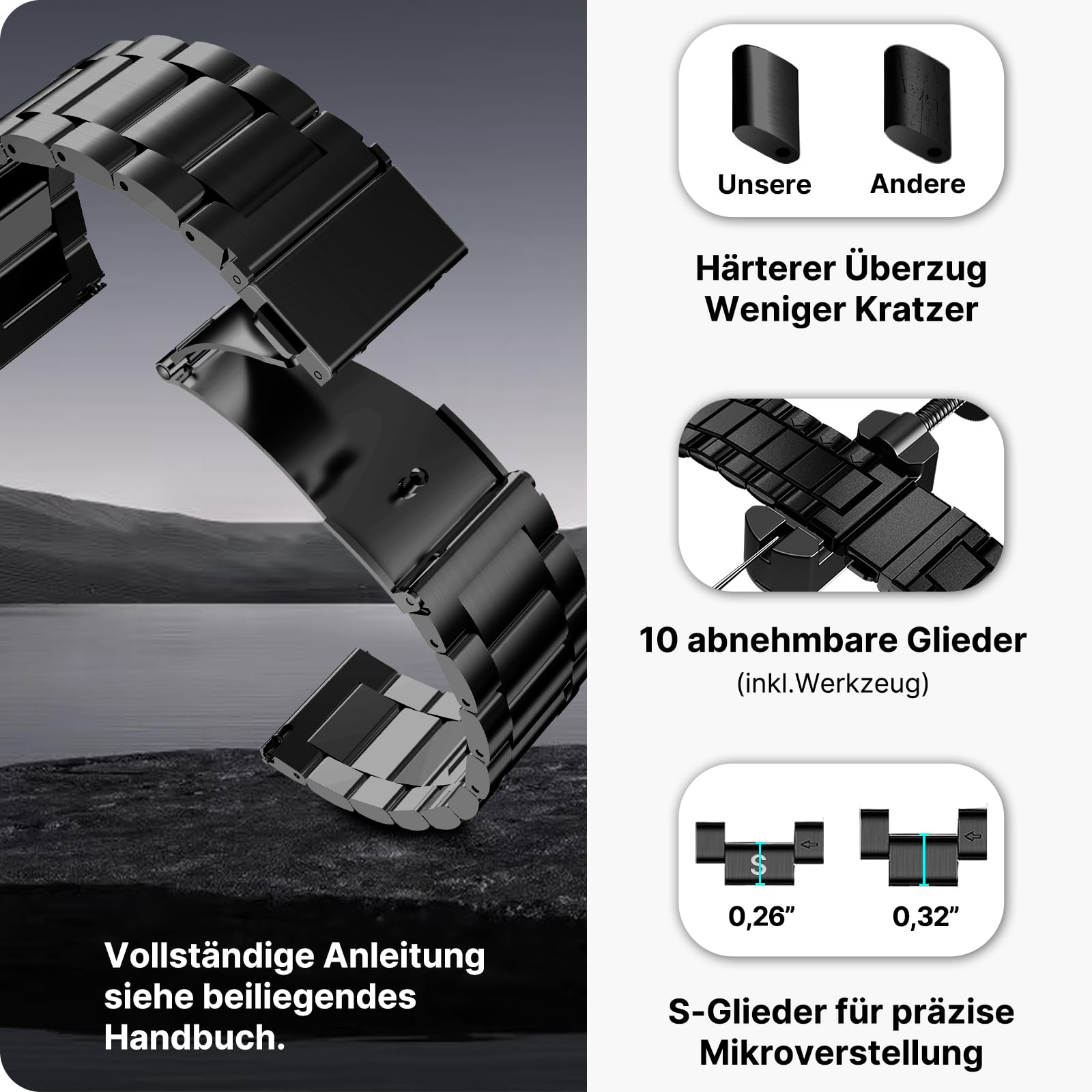 Fullmosa Edelstahl Uhrenarmband 22mm 16mm 18mm 19mm 20mm 24mm für Uhr und Smartwatches| Wechsel Ersatz Metallarmband mit Schnellverschluss für Damen&Herren, 22mm Schwarz