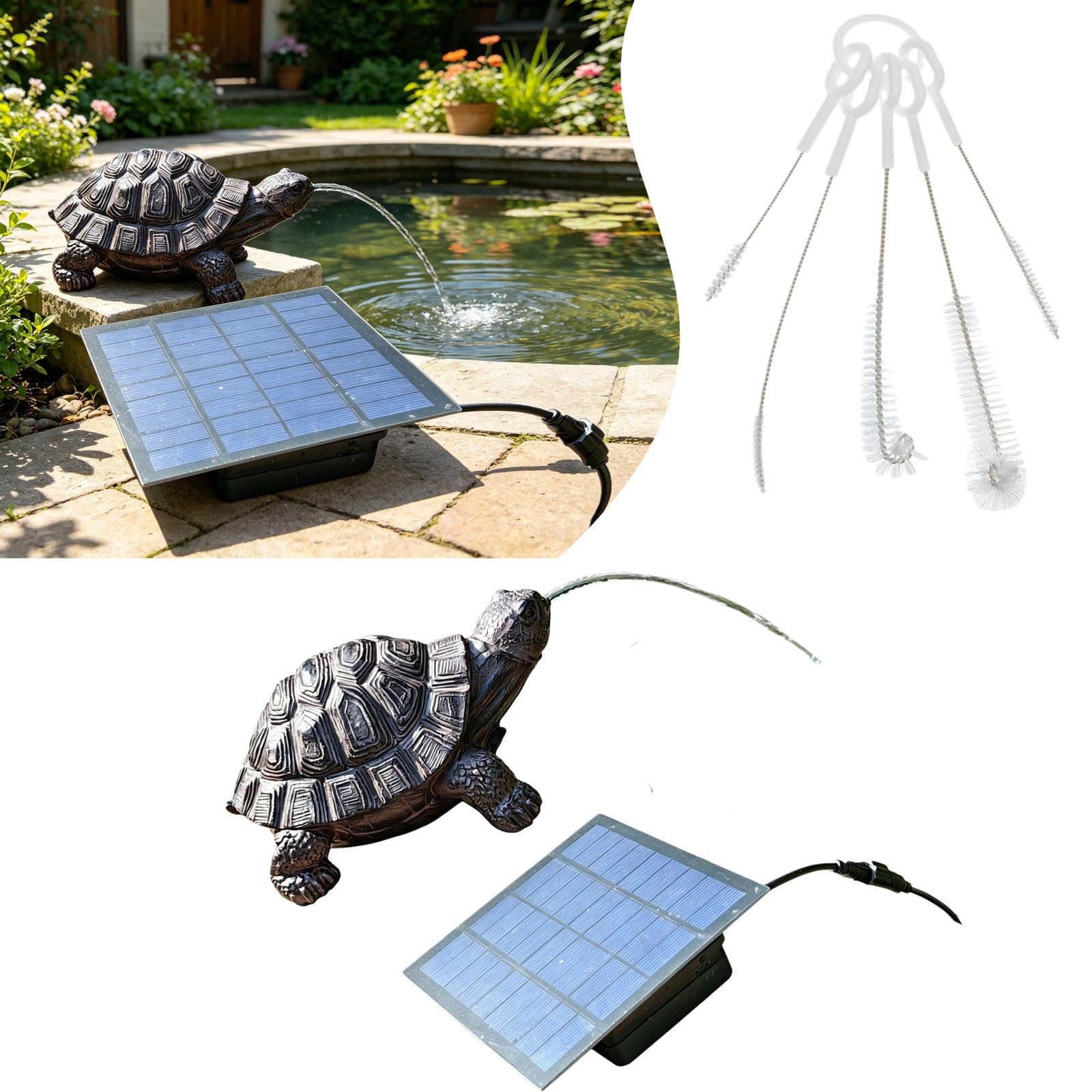 Fuente Solar De Tortuga De Resina Con Surtidor Para Estanque – Aireador Solar Para Jardín Y Baño Para Pájaros, Incluye Kit De Cepillos De Limpieza
