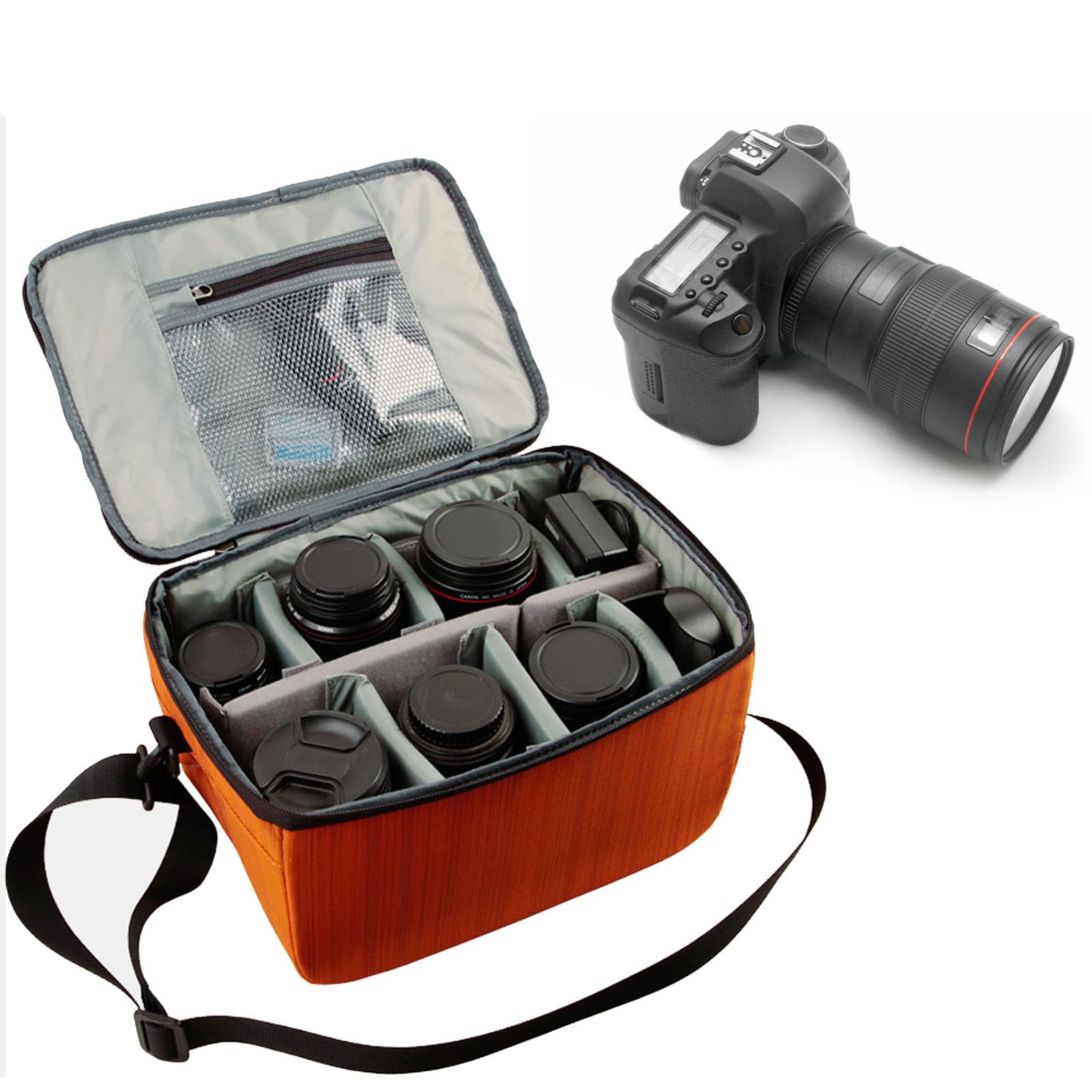 Bolsa Impermeable para Cámara Naranja, Mochila DSLR de Gran Capacidad con 6 Divisores, Capacidad para 2 Cámaras y 6 Lentes, con Correa Ajustable, para Fotógrafos