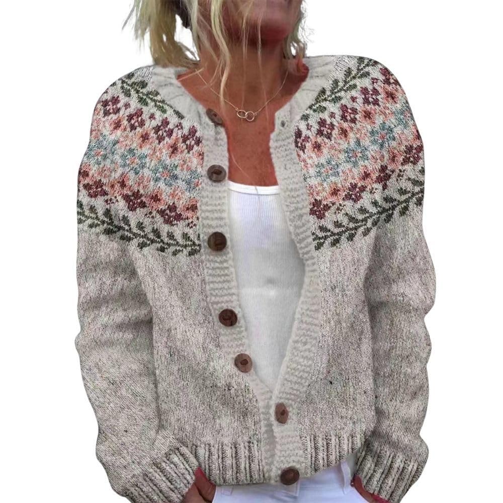HOTYD Womens Floral Print Fair Isle Sweater Loose Crewneck Button Down Vintage Cardigan Sweaters Fashion Fall Knit Jacket