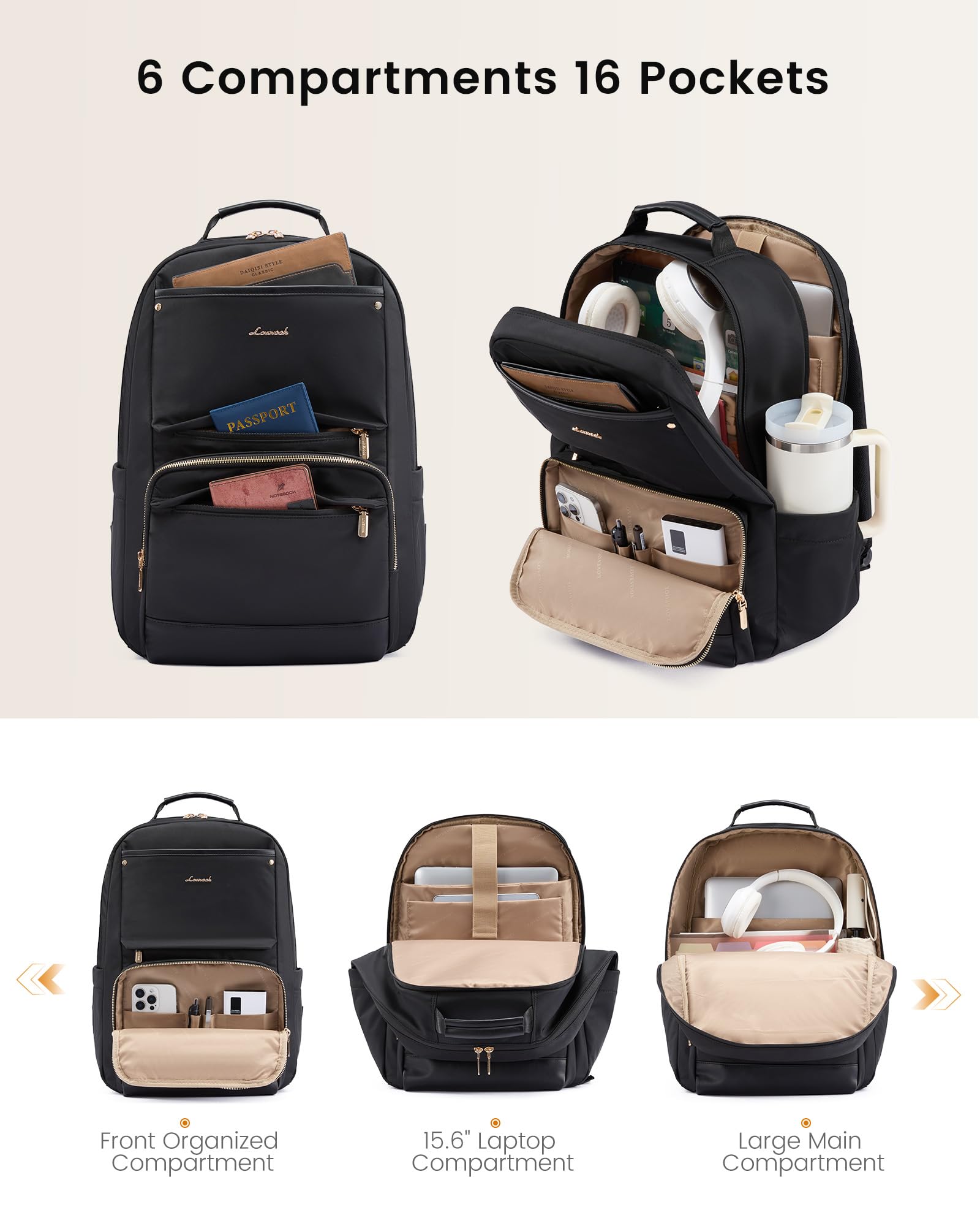 LOVEVOOK Laptop Backpack for Women with Large Capacity Cup Pocket, 15.6 inch Work Purse Travel Bag for Teacher Nurse, Waterproof Computer Business Back Pack, Cute Bookbag for School College, Black - 4