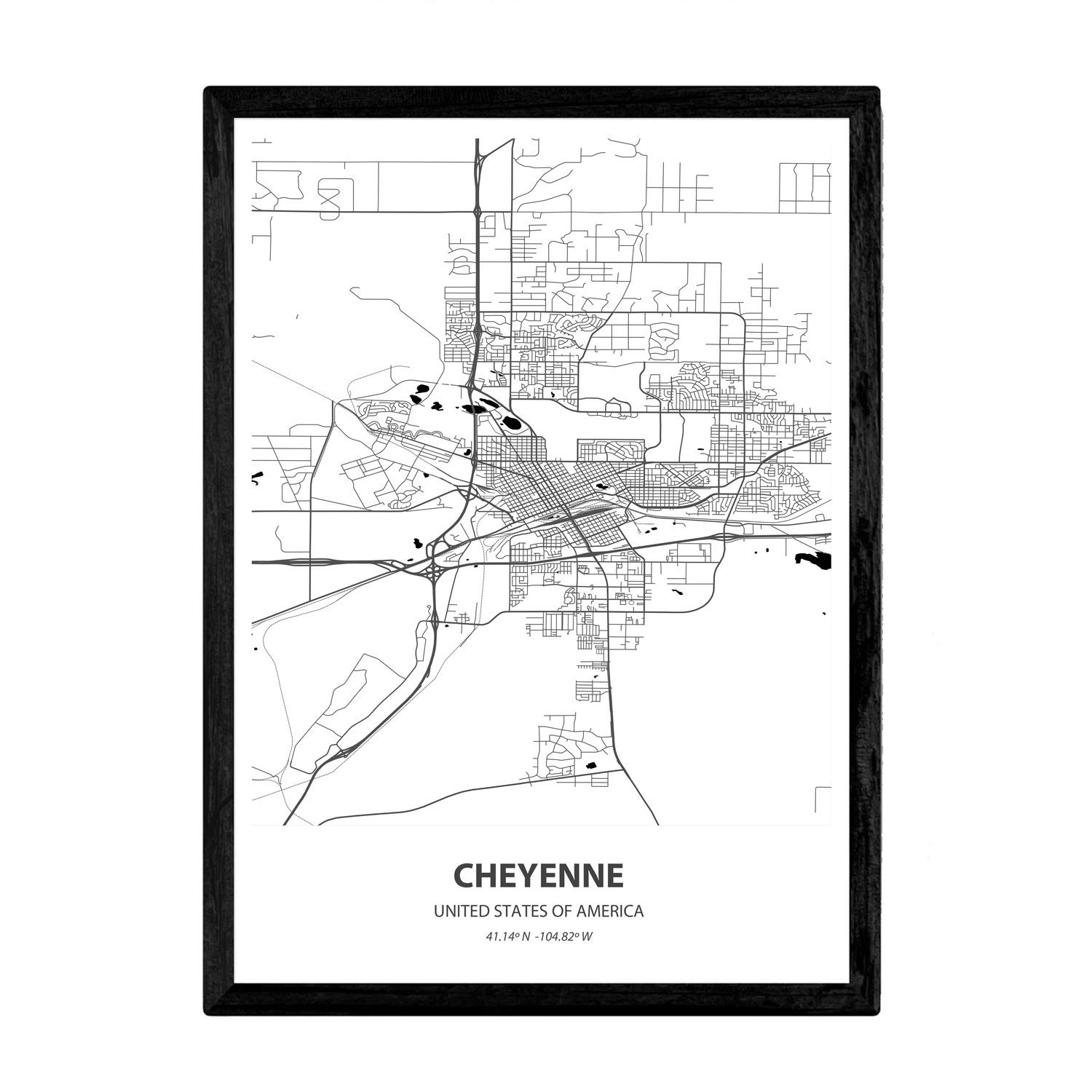 Nacnic Poster with map of Cheyenne - USA. Sheets US cities with seas and rivers in black color. A4 size